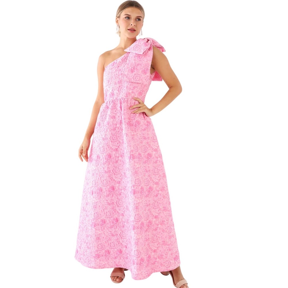 Abbey Glass $385 Caroline gown shoulder bow dress pink jacquard maxi formal‎ xs